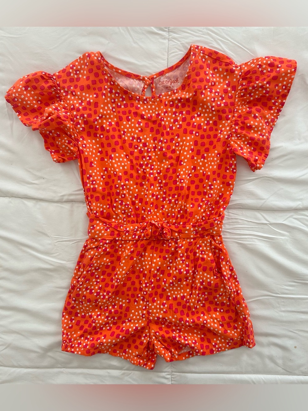Cat & Jack Girl's Bright Orange Polka Dot Poplin Romper Size XS (4/5)